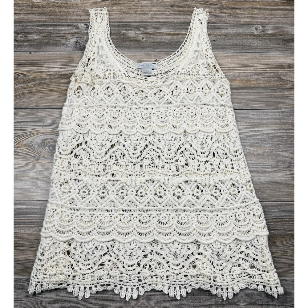 Solitaire Crochet Lace Beige Cotton Tank Coverup MED Beach Boho Resort Beach